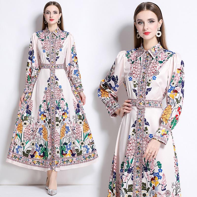 Spring Autumn Women Vintage Exquisite Print Runway Dresses Turn-down Collar Single Breasted Long Maxi Shirt Party Dress for Graduation