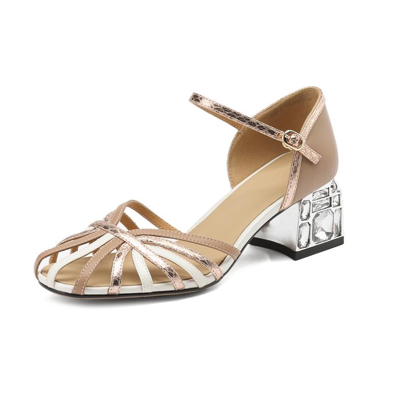 Fashion Women's New Spring/Summer Bag Heel Round Toe Genuine Cowhide Color Block Diamond High Heel Roman Sandals