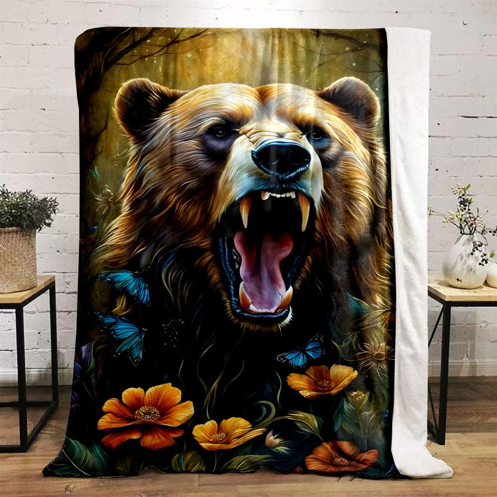 Roaring Bear Floral Butterfly Blanket bedroom Blanket for Livingroom Couch lunch break Soft throw for Friend's festival Gift