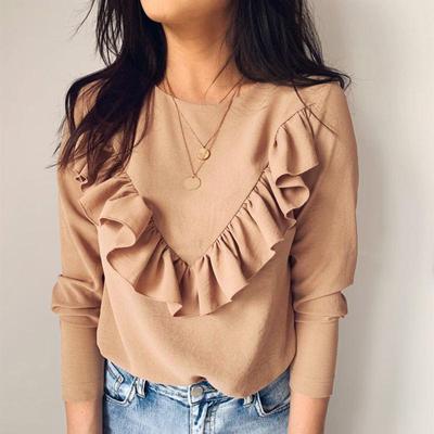 Long Sleeve Elegant Women Blouses  Lady Office Work Ruffles O-Neck Khaki Shirts Tops White Black Autumn Winter Blusas