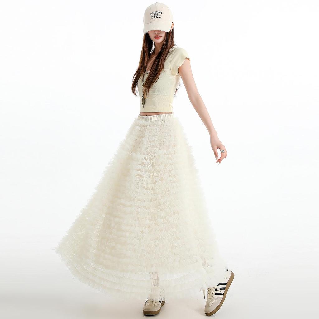 Women's 2026 Spring High Waist A-line Layered Mesh Fluffy Skirt
