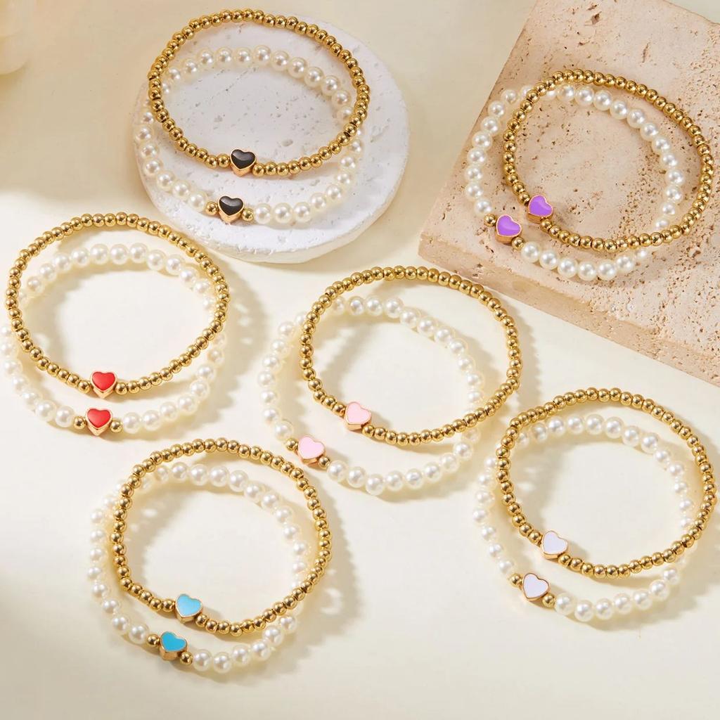 Double Layer Colorful Heart Beaded Bracelets for Women Elegant Imitation Pearl Handmade Bracelets  Friendship Jewelry