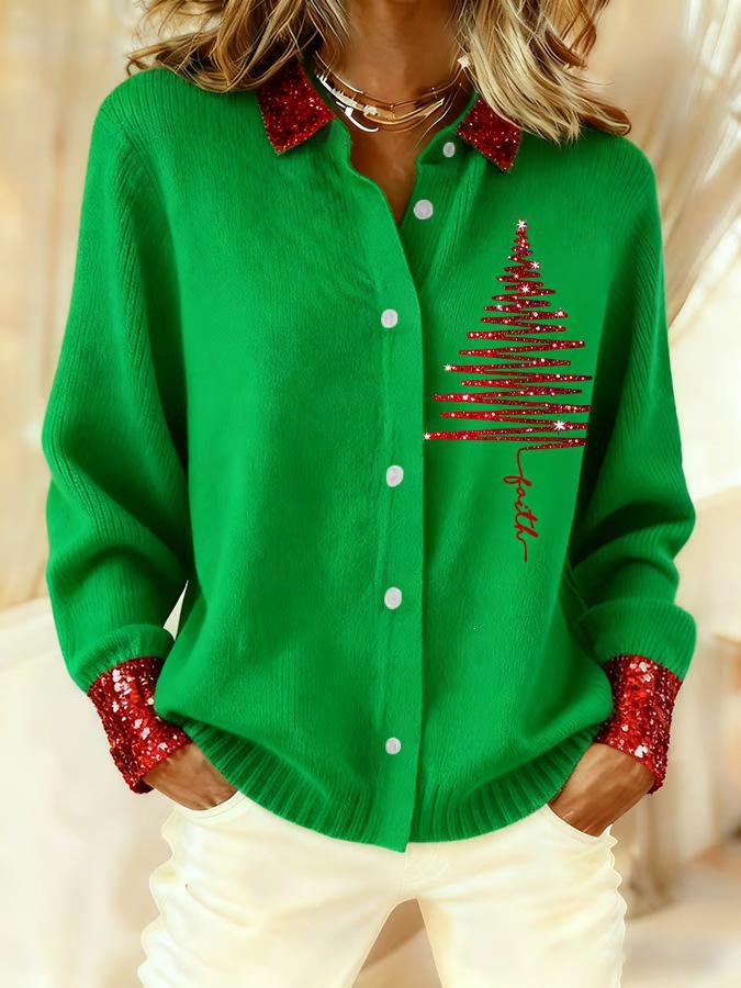 2025 Women's 3D Print Knit Lapel Cardigan - European & American Christmas Top for Autumn/Winter