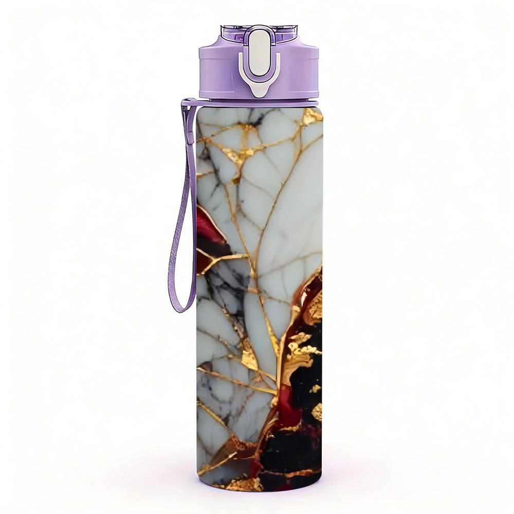1PC Red Black Gold Marble Pattern 750ml Color Plastic Sports Water Bottle Leakproof Flip Straw Lid Suitable for Sports Office Home Use