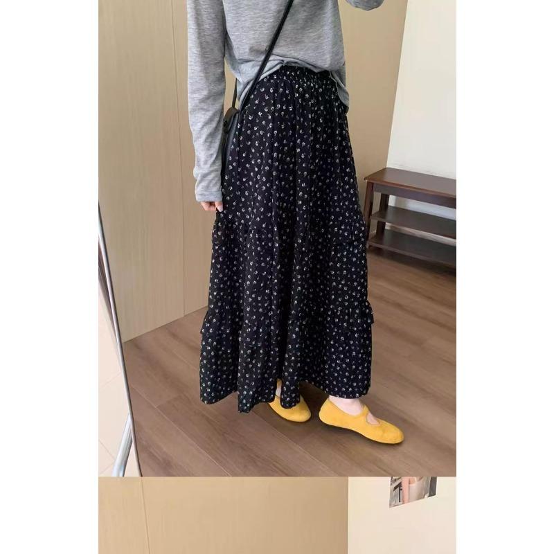 Women's Floral Print Tiered Maxi Skirt, High Waist Elastic A-Line Casual Long Skirt