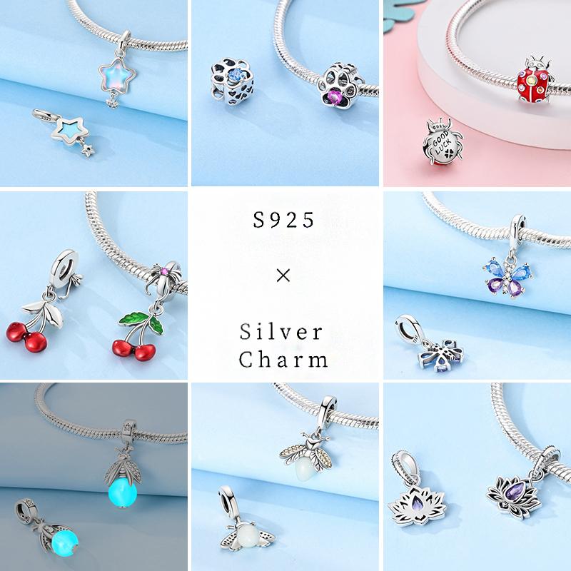 Real Copper Charms Luminous Firefly Butterfly Sunflower Pink Beads Fit Original Bracelet Women Birthday Diy Jewelry