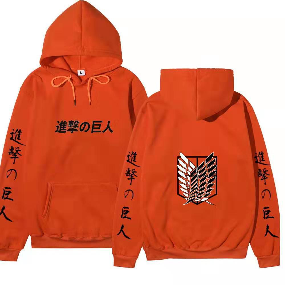 Attack on Titan Unisex Fleece Hoodie Front Japanese Text, Back Wings of Freedom Logo Autumn Winter Casual Pullover