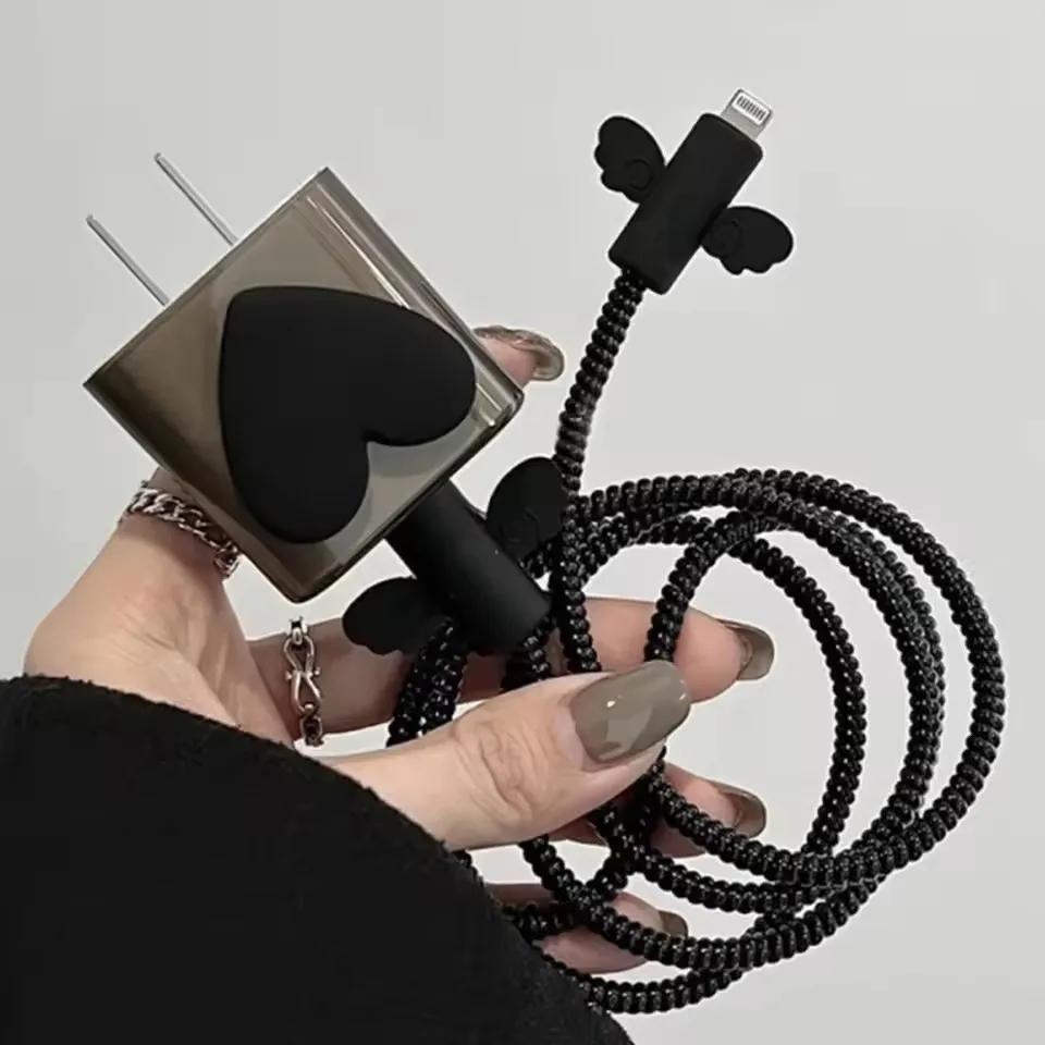 

Black Love Bow 5pcs/set Charging Data Cable Protector Winder Accessories For iPhone 18/20w Charger Protective Cover