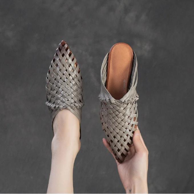 Johnature Ručně vyráběné tkaní Pantofle se špičatou špičkou na nízkém podpatku Prodyšná móda Dámská obuv z pravé kůže