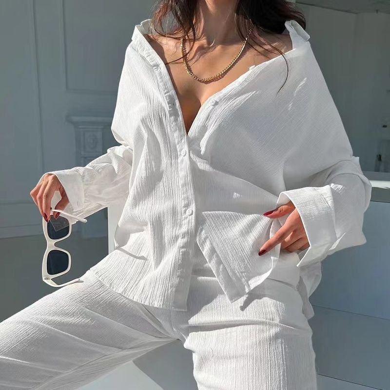Fashion Style New Arrival Loose Long Sleeves Shirt Pants Pure Color Suit Homewear Shirt Long Pants Set