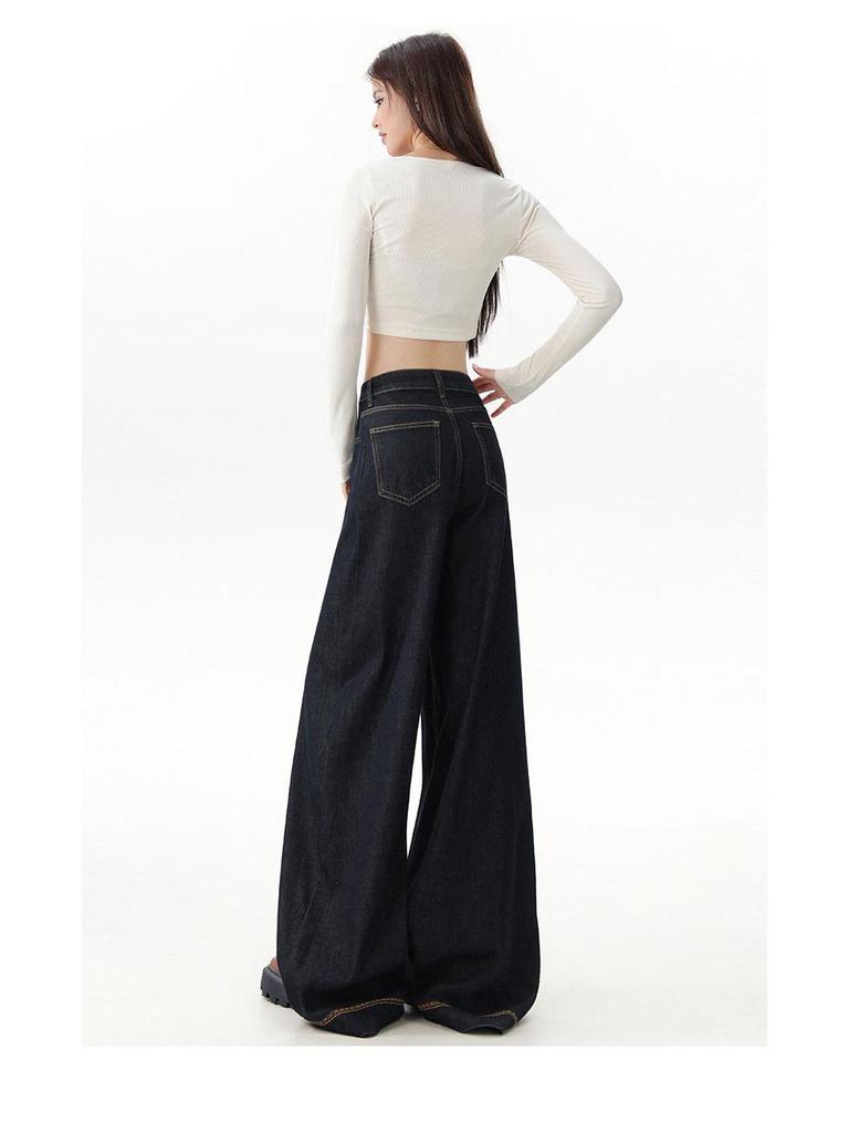 Women's Black and Gold High-Waisted Wide-Leg Denim Pants - 2025 Early Autumn Design