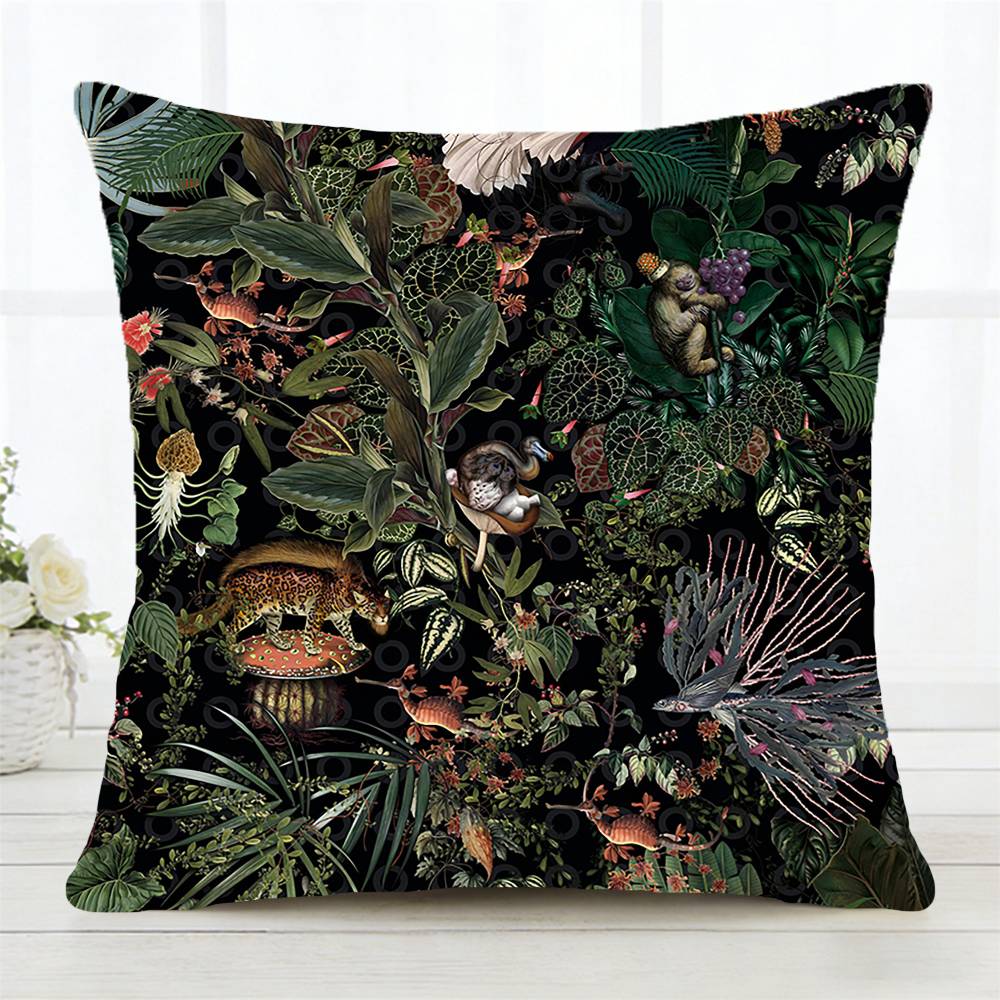 Dark Green Floral Pillow Case Fashion Square Pillowcase Bedroom Sofa Room Ins Decoration Leisure