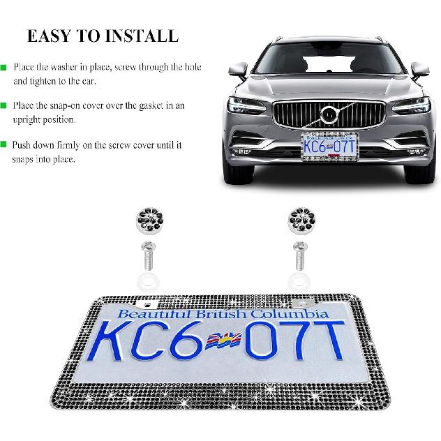 Bling Car License Plate Frame, Handcrafted Rhinestone License Plate Frame With Glitter Screw Caps, Sparkly Bedazzled Diamond Stainless Steel License