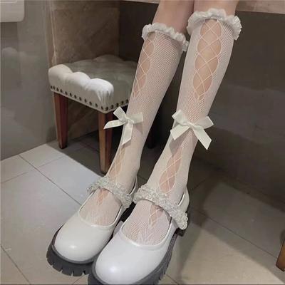 Japanese Sweet Lolita Girls Bow Hollow Long Socks Fishnet Tide Lace Knee High Stockings Silk with Bow Cross Ties JK Thin Socks