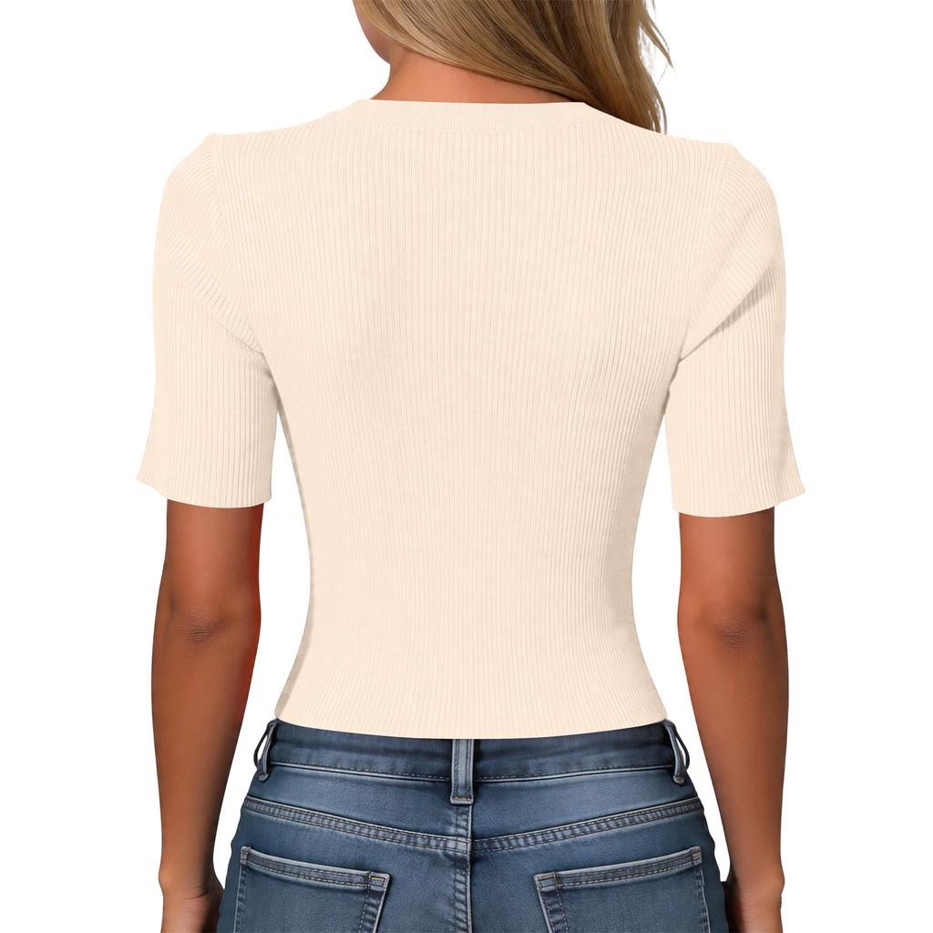 Women V Neck Ribbed Knit Short Sleeve Top with Button Casual Slim Fit Pullover for Everyday Wear