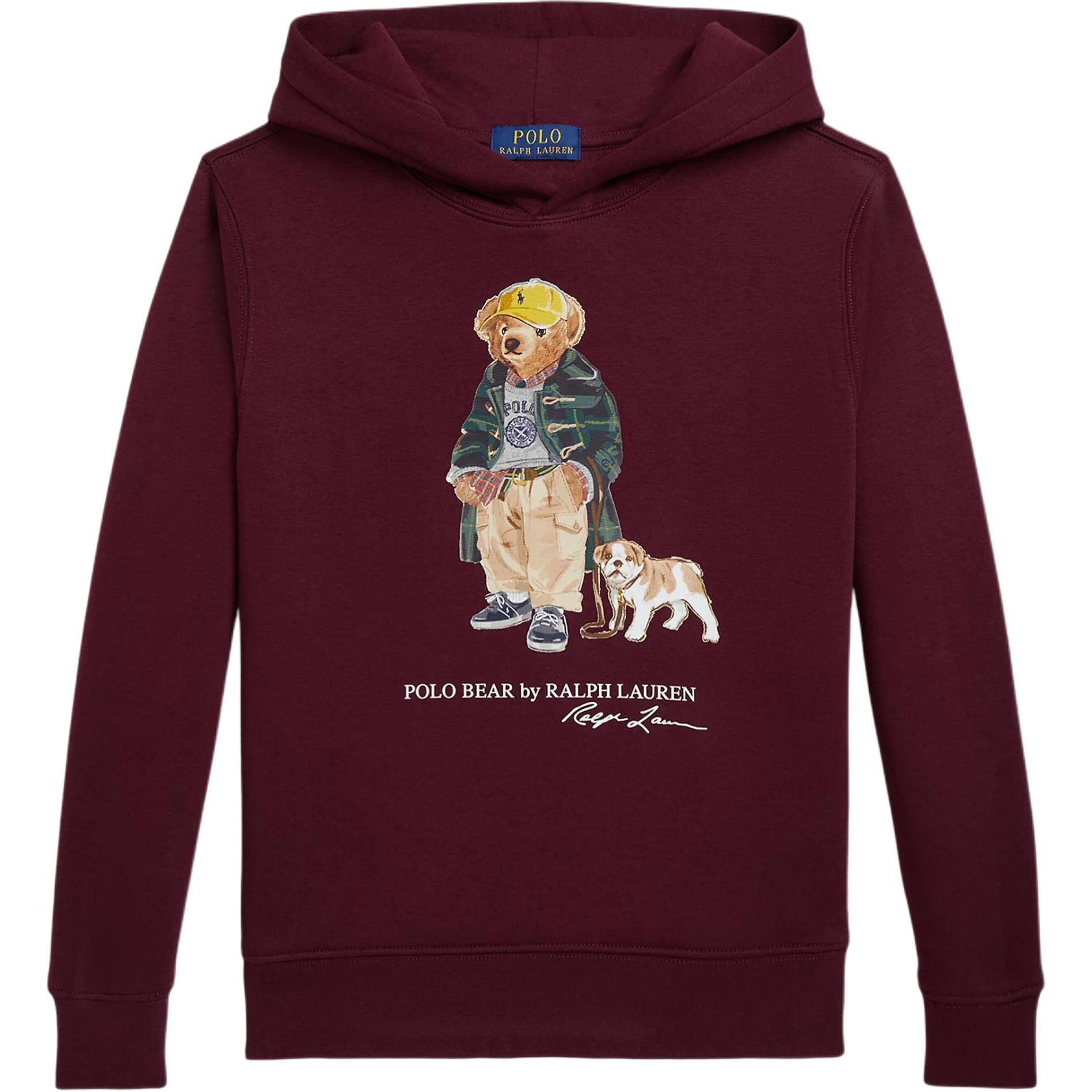 

Ralph Lauren Polo Bear FW25 Bulldog Pattern Letter Logo Cotton Blend Hoodie Pullover Long Sleeve Classic Wine Red Youth 323979491-001 M