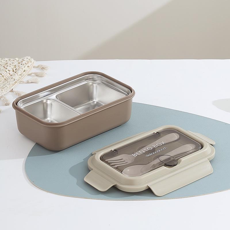 Nordic-Style Stainless Steel Lunch Box with Compartments, Fork, and Spoon - Microwave Safe