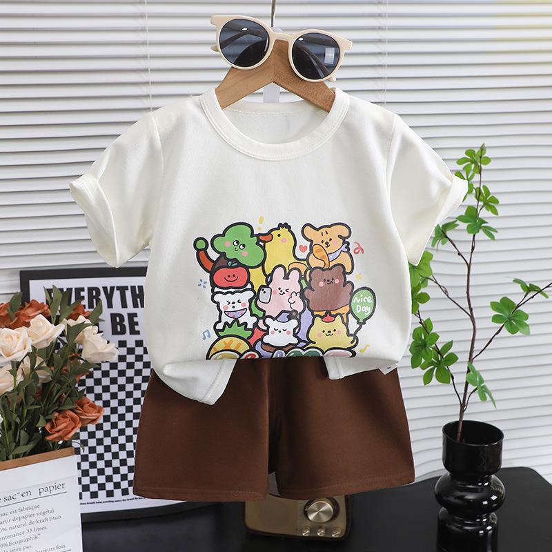 

Детский комплект с коротким рукавом в полоску для девочек и мальчиков, летняя детская одежда, детская одежда в корейском стиле 120cm коричневый