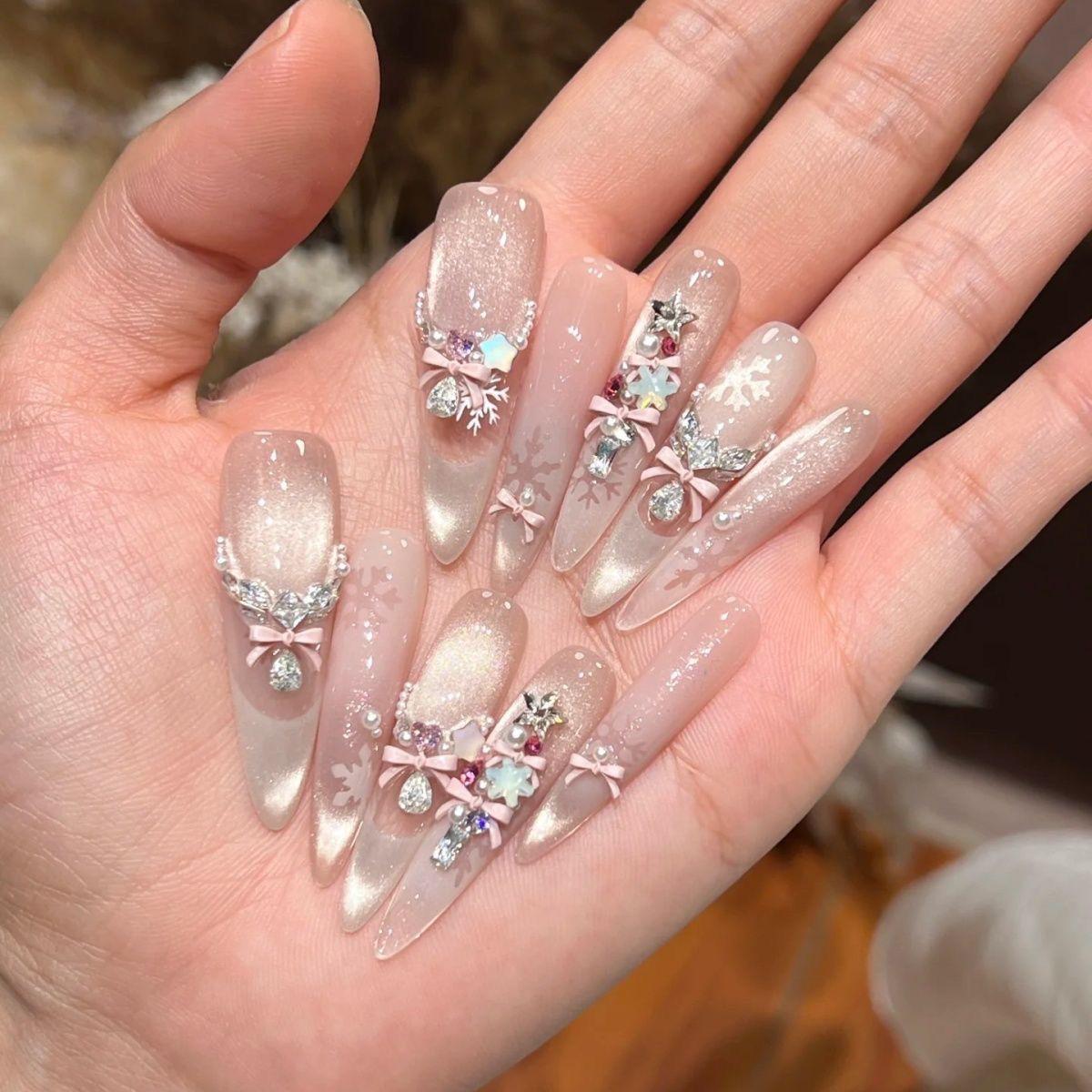 Handmade Pink Snowflake Cat Eye French Princess Gloss Press-On Nails Medium