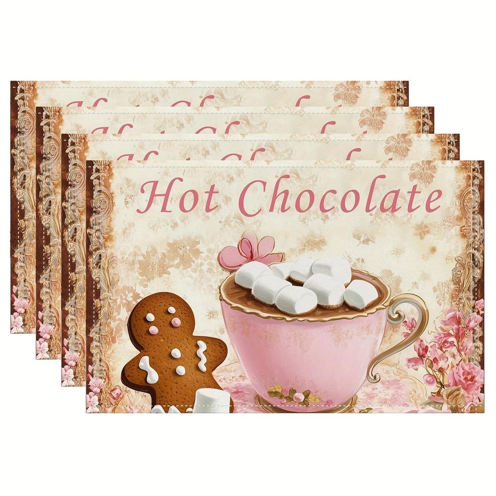 4pc S Winter Chocolate Cup Placemats Christmas Gingerbread for Man Marshmallow Pattern Seasonal Holiday Decor Suitable for Home