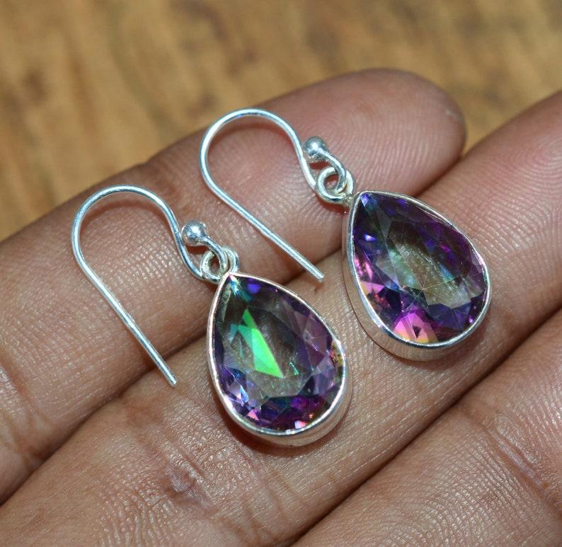 Solid 925 Sterling Silver Mystic Topaz Gemstone Teardrop Earrings Handmade Earrings Gift For Her