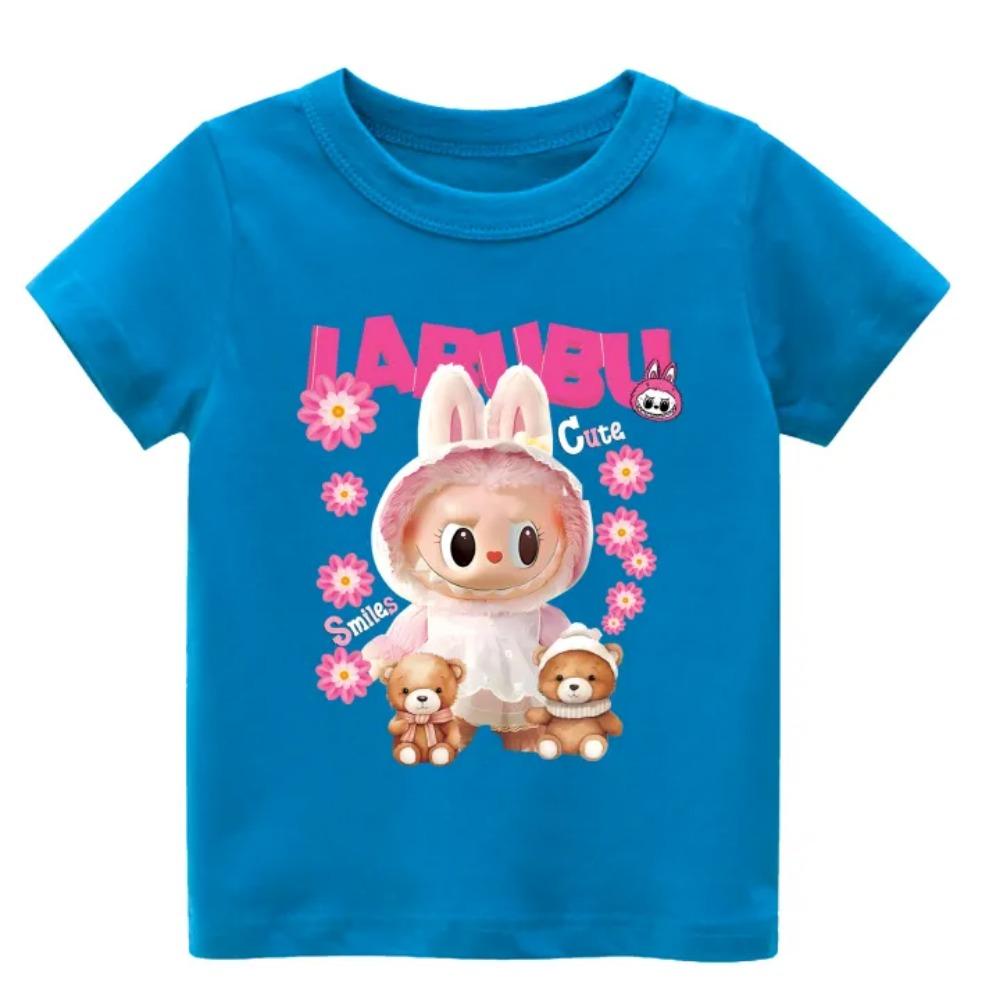 2025 New Children's T-shirt with Teddy Bear and LABUBU Printed Round Neck Short Sleeved Casual Girls' Top