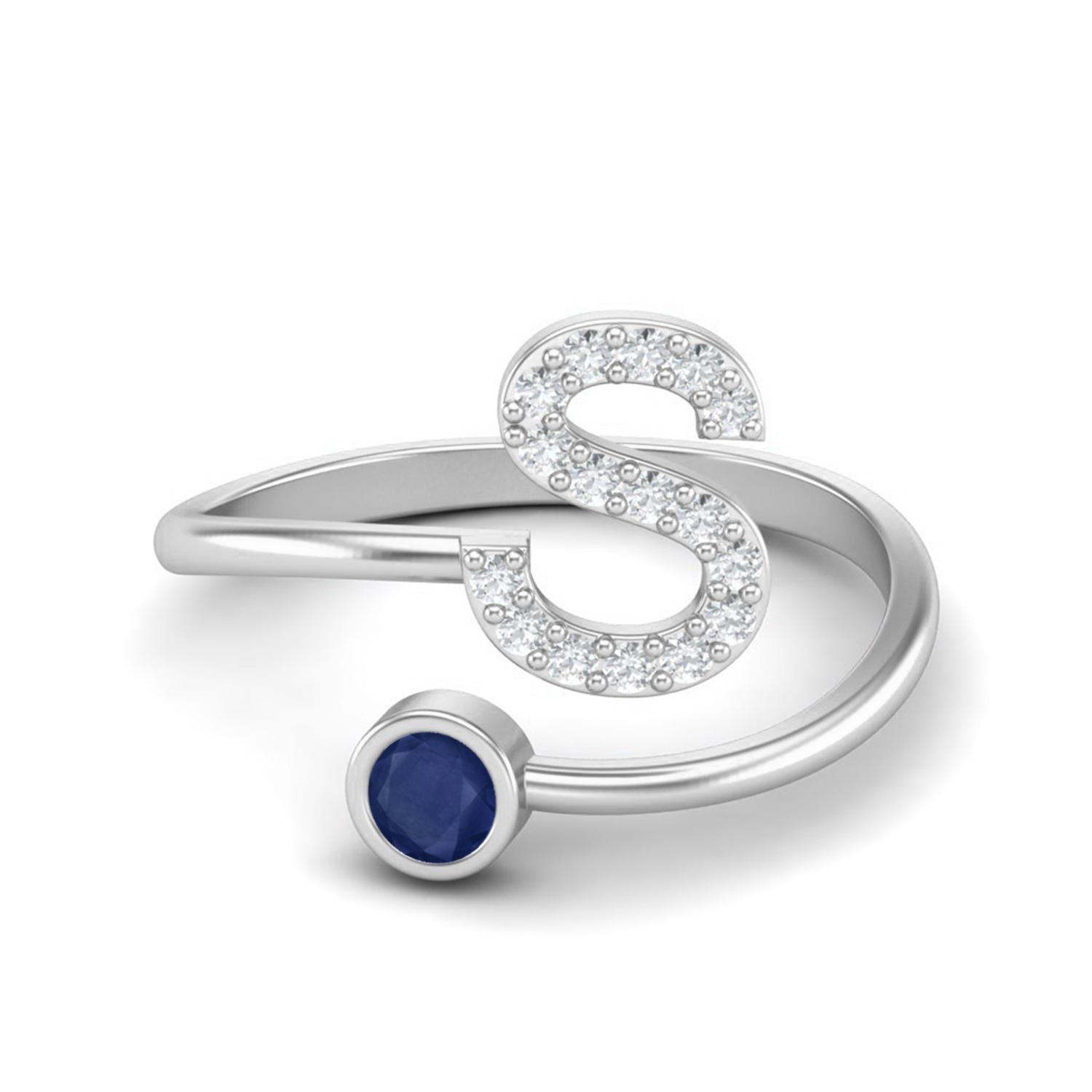Capital S Initial Letter Blue Sapphire Adjustable Front Open 925 Sterling Silver Women Ring