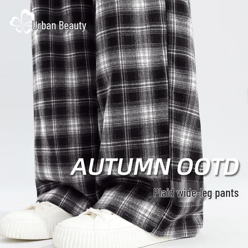 Dushi Liren Women's American Retro High-Waist Plaid Straight Wide-Leg Pants