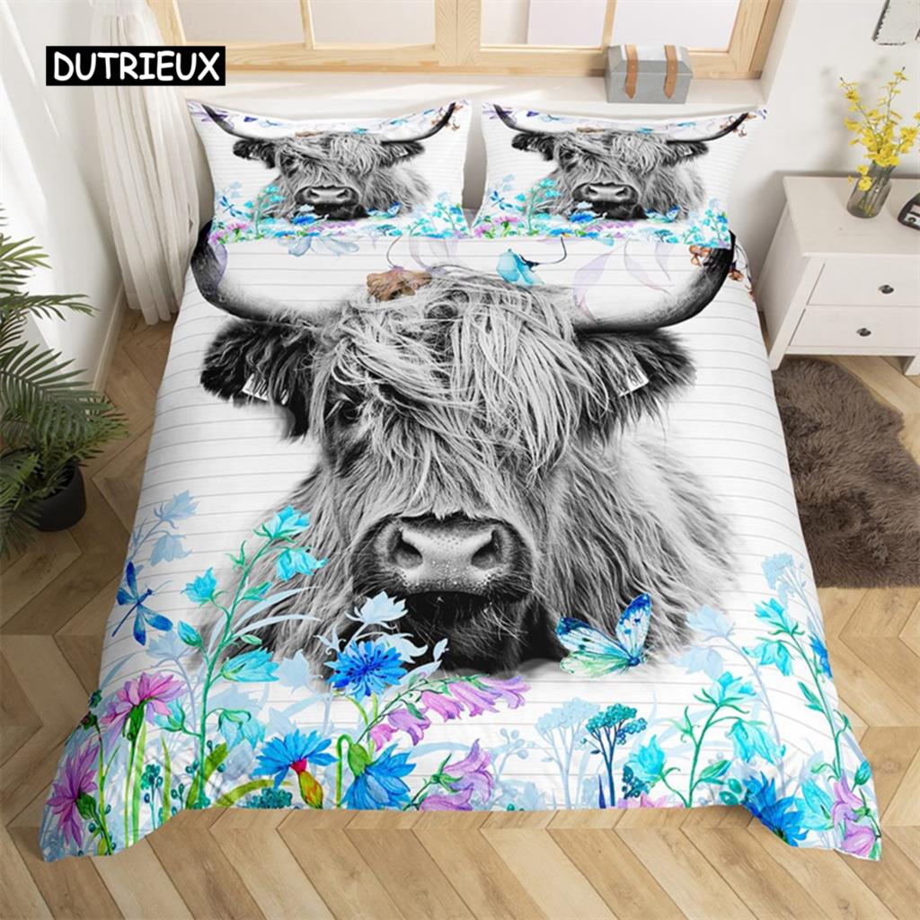 Highland Cow Bedding Set Polyester Bull Cattle Flowers Quilt Cover Western Wild Animal Duvet Cover Farmhouse Cow Bedspread Cover
