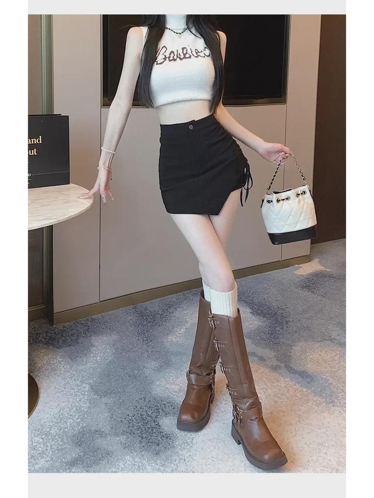 Damen High Waist Schwarze Unregelmäßige Rockhose - Sommer 2024 A-Linie Slim Fit