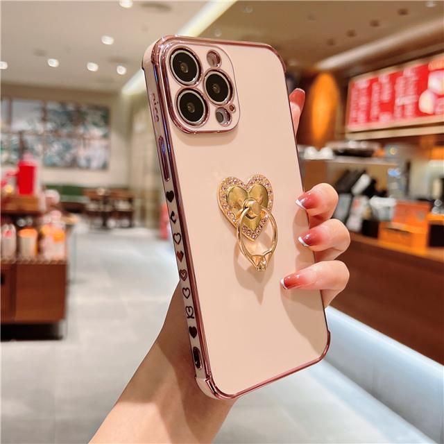 

Для iPhone 15 16 Pro Max Роскошное покрытие Узор Сердце Алмазное кольцо-держатель Подставка Чехол для телефона На 11 12 13 14 XR XS Max 7 Plus For 15 Pro Max
