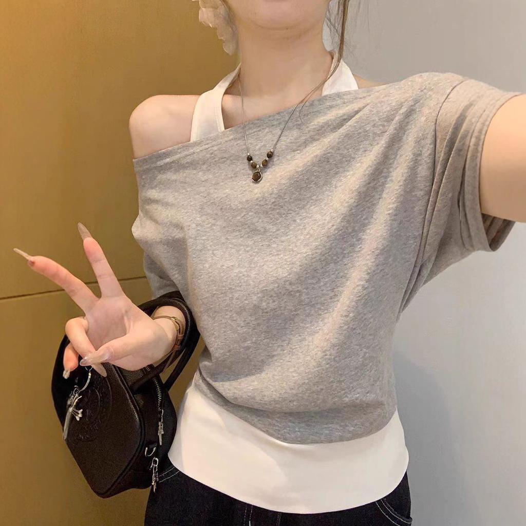 Design sense contrasting color hanging neck one-word shoulder off-the-shoulder fake two-piece T-shirt short-sleeved summer slim-fitting foreign