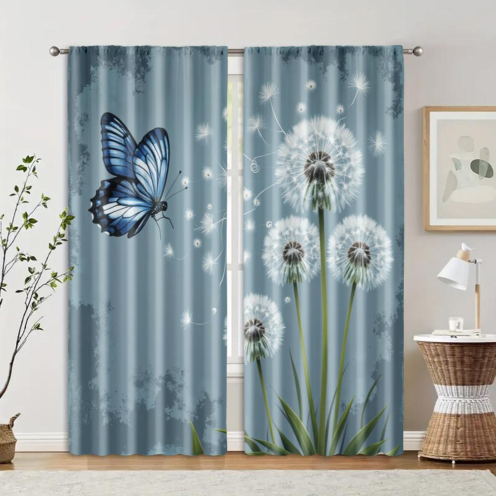 2pcs   Fashionable Curtains Depicting Sky Blue   Gray Dandelions and Butterflies Fabric (without Rod) Gifts Perfect for Bedroom &