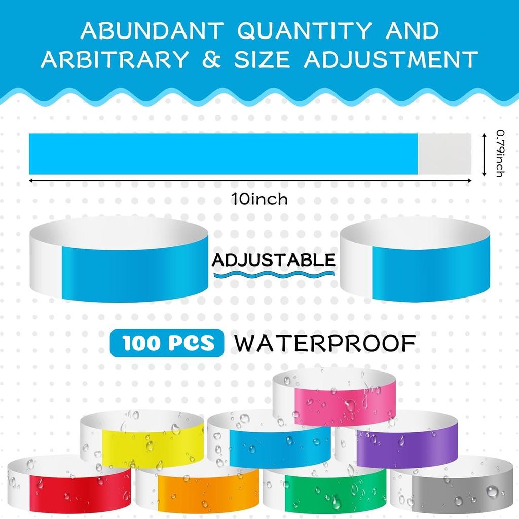 100x Wristbands for Events ID Bands Paper Bracelet Adhesive Wristbands Wrist Bands for Music Festivals Events Bars Clubs Party