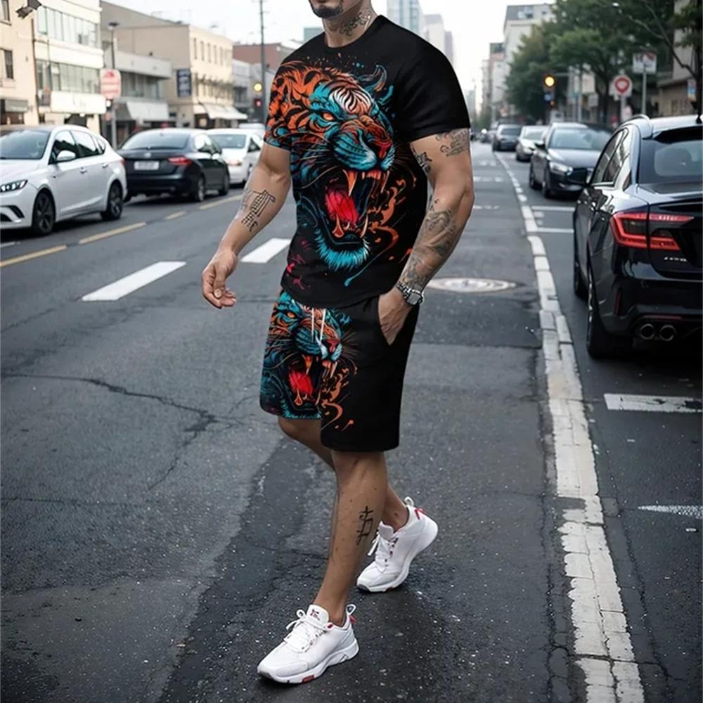 New3D printed men's short sleeved T-shirt and shorts set casual and youthful quality summer street vacation domineering clothing