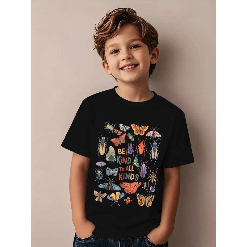 

European Size Boys Round Neck Short Sleeved T Shirt with Insect Pattern Design 98cm чёрный