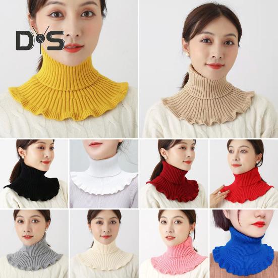 Damski szalik z wysokim kołnierzem, prążkowana faktura, falbaniasta lamówka, jednolity kolor, dziergany kołnierz, jesień, zima, pogrubiony, ciepły, fałszywy kołnierz