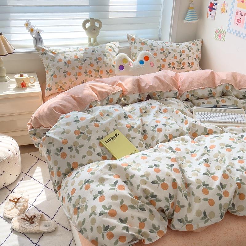 4Pcs Set Class A Maternal Infant Grade Small Fresh Grinding 4-Pcs Set Skin-Friendly Bed Sheet Washed Cotton Quilt Cover Dormitory 3-Piece Set