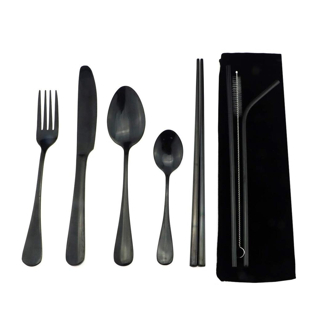 Portable Stainless Steel 8pcs/set Rainbow Dinnerware Set 18/10 Spoon Fork Chopsticks Straw Travel Camping Cutlery With Pouch