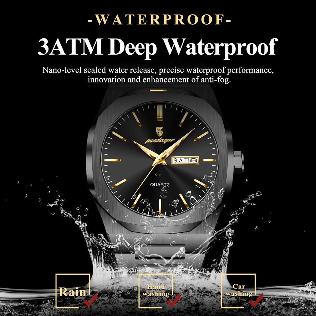 POEDAGAR Fashion Luxury Men Wristwatch Waterproof Luminous Stainless Steel Watches For Man Date Week Quartz Business Men's Clock