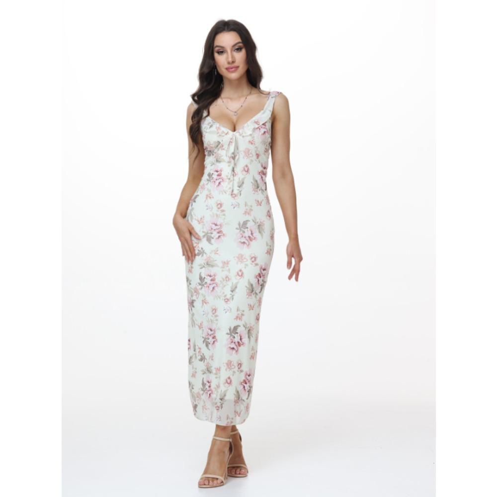 Women's Spaghetti Strap Deep V Maxi Dress Mid Waist All Over Floral Print Slim Fit Vacation Beach Mermaid Long Dress
