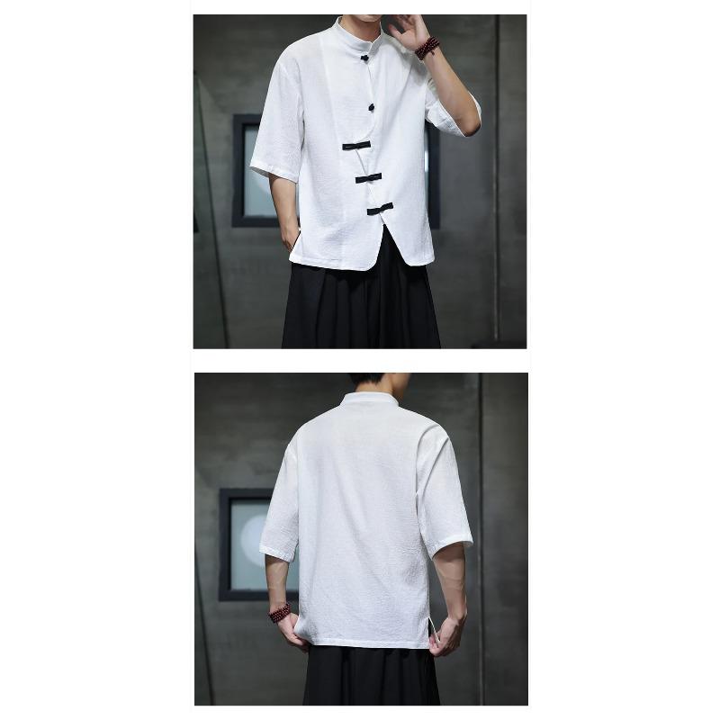 Men Linen Shirt Summer Light Thin Short Sleeved Streetwear Loose Oversize Casual Chinese Style Shirt Tang Suit Hanfu
