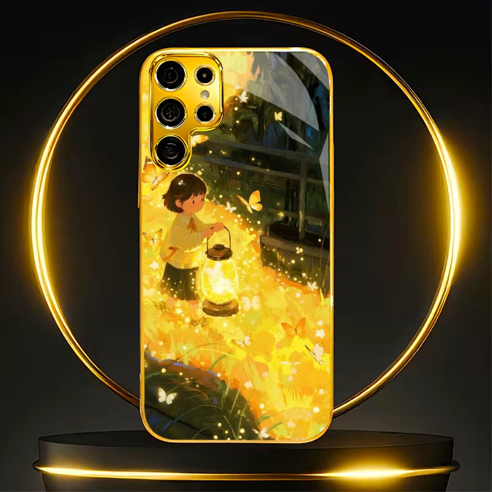 Protective Cover Cartoon High-end Electroplating Glass PhoneCase for Samsung Galaxy S26 S25 S24 S23 S22 S21 FE,Ultra,Plus