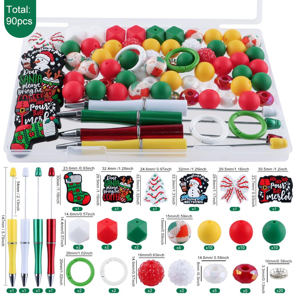 90Pcs/Box New Halloween Christmas Silicone Beads, Acrylic Beads, Pen Combination For DIY Accessories, Keychains, Etc