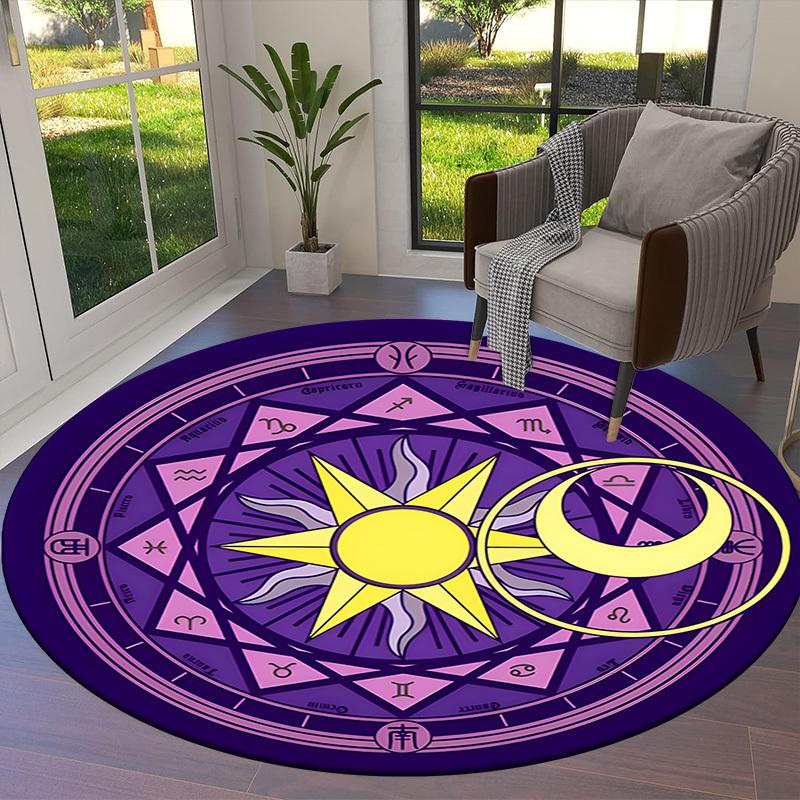 1pc Astrological Mandala with Sun and Moon Symbols Round carpet, Made of Polyester,Perfect for Decorating Office Chairs, Living Rooms fplt074