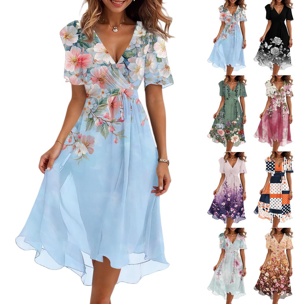 Women’s V Neck Short Sleeve Midi Dress with Floral and Butterfly Print Flowing Hem Casual Fit