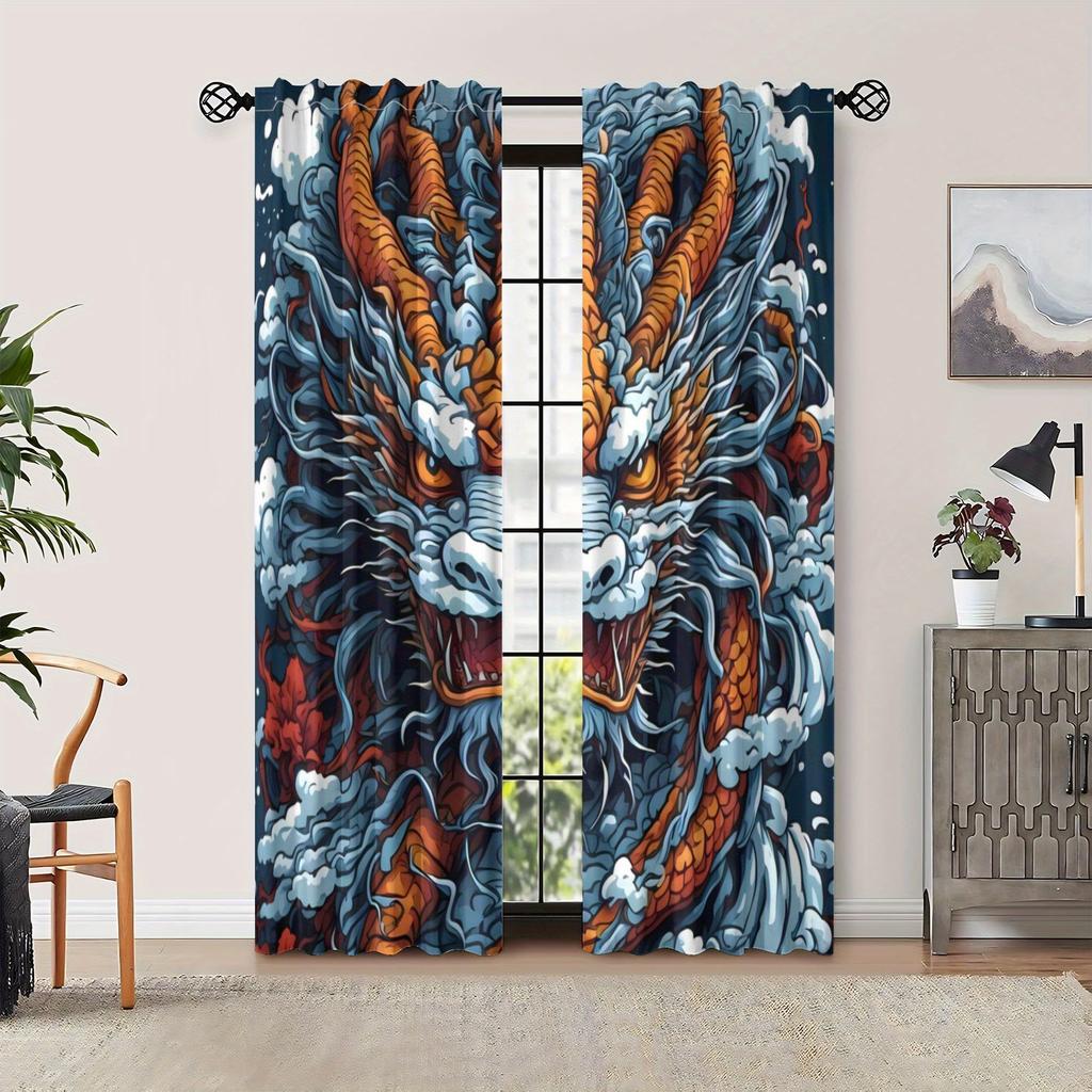 Dragon Curtains - Retro Asian-Inspired Blackout Curtains with Vibrant Dragon & Cloud Design    Polyester Machine Wash