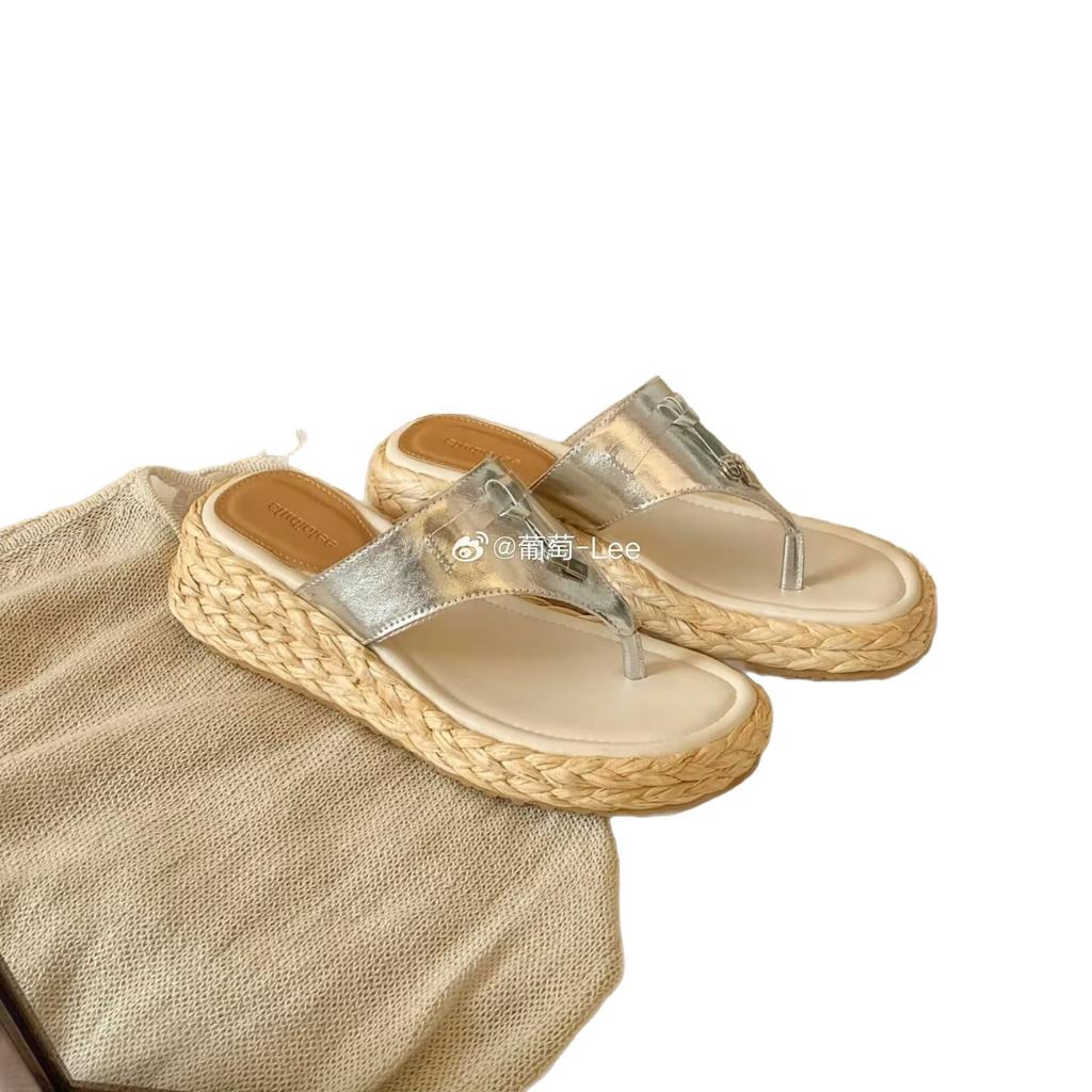 Grape Mother Studiolee Height Increase of 5.5cm Small Size Thick Bottom Tassel Buckle Foot Flip-flops Straw Sandals Outside Wear