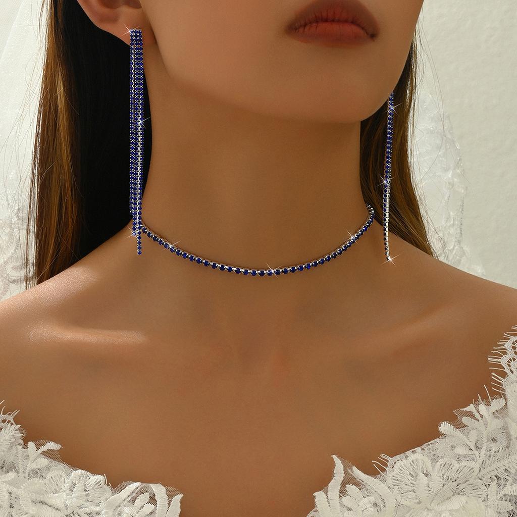 3PC Women's Water Zircon Fashion Tassel Necklace Earrings Zircon Set Wedding Party Festival Gift