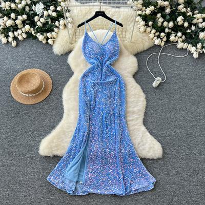 Autumn Winter Women Sexy Spaghetti Strap Open Back Evening Party Dress Sequined Long Maxi Mermaid Christmas Dresses